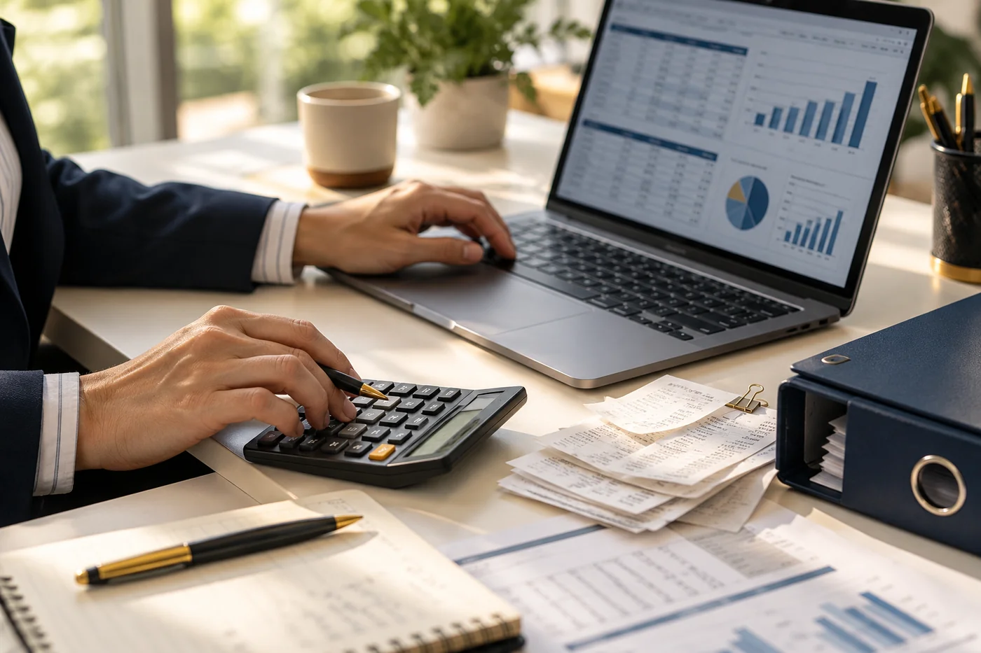 Escena ilustrativa de trabajo contable con registros, comprobantes y calculadora